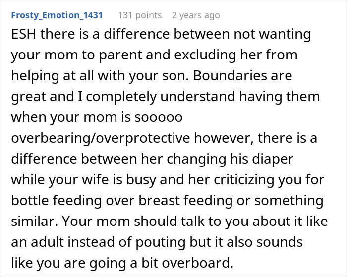 Comment discussing boundaries and overprotective behavior in a family where in-laws help with baby care but mom is excluded.