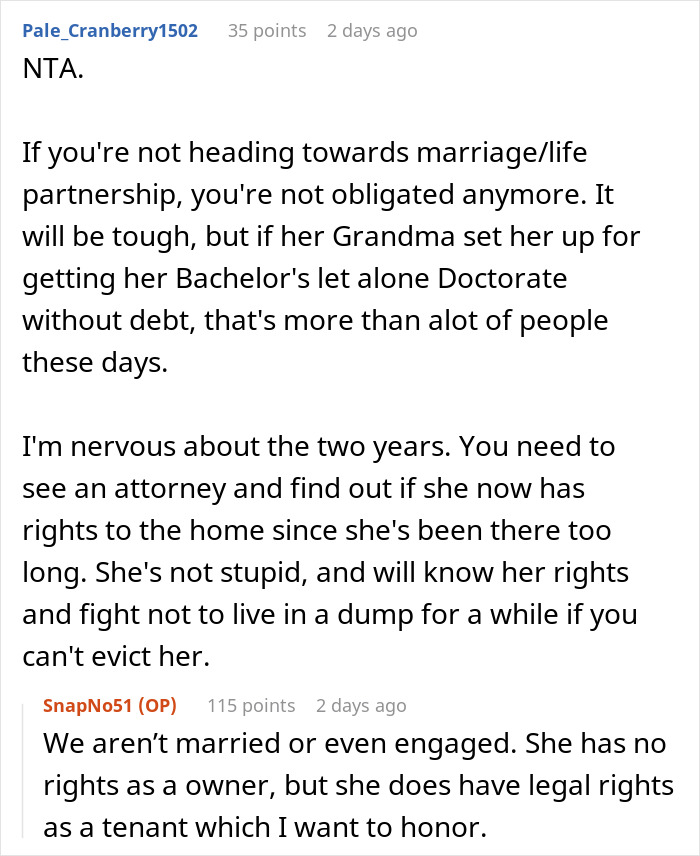 Online discussion about a guy asking his ex to move out after breakup and her concern about dropping out of school. - 22