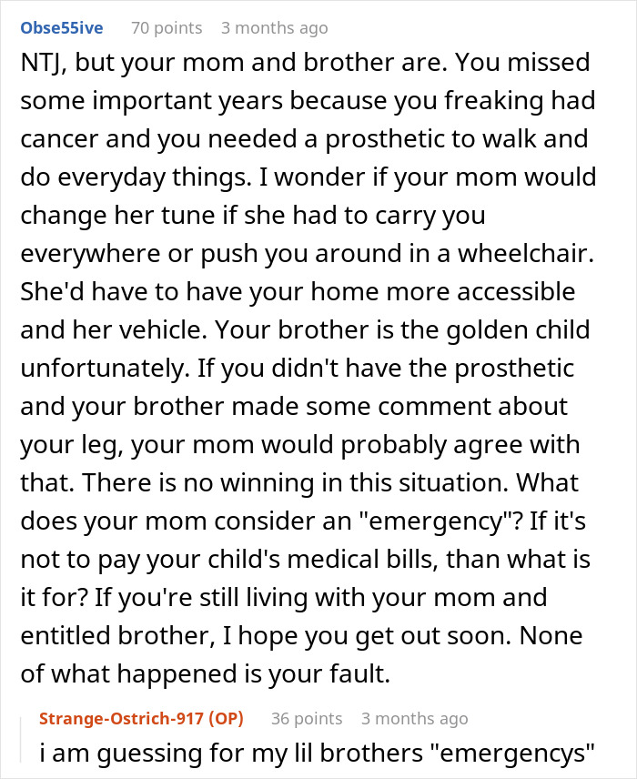 Comment discussing a girl who survives cancer and uses a prosthetic leg, facing unfair treatment from her brother and family.