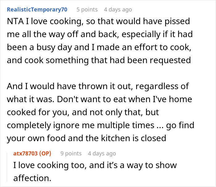 Comment discussing family&rsquo;s entitled behavior after home-cooked meal was ignored and the kitchen was closed in frustration.