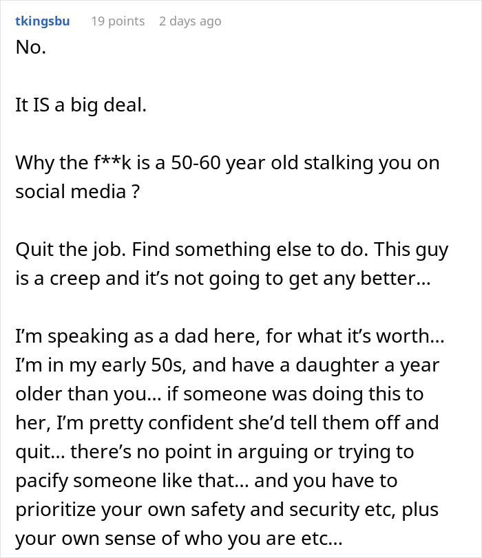 Comment warning about a boss who doesn’t want employee bikini pictures posted, advising safety and quitting the job. - 32