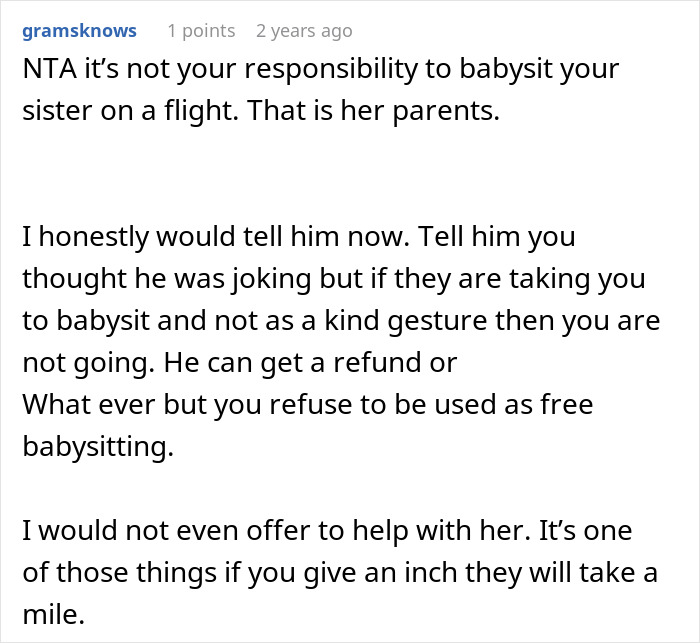 Text comment from gramsknows advising against babysitting sister on a trip, urging setting boundaries firmly.