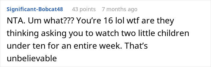 Comment discussing a teen refusing to babysit step-siblings for a week, highlighting parents' meltdown reaction.