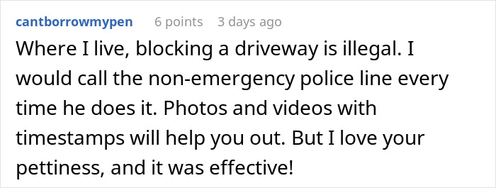 Screenshot of a comment discussing the illegality of driveway blocking and effective petty revenge tactics. - 17
