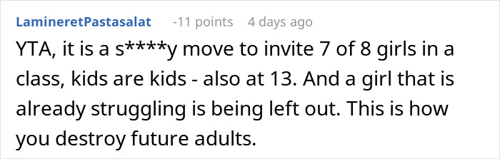 Screenshot of an online comment discussing a mom inviting an unwanted guest to her daughter’s party and its negative impact. Screenshot of an online comment discussing a mom inviting an unwanted guest to her daughter’s party and its negative impact.