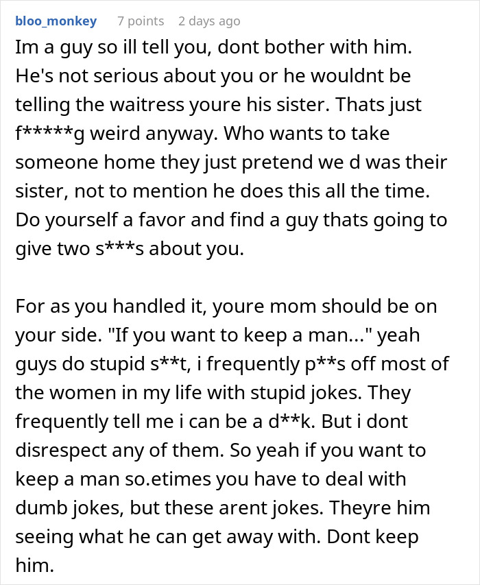 Comment from a man advising not to keep a boyfriend who calls his girlfriend sister, highlighting disrespectful behavior.