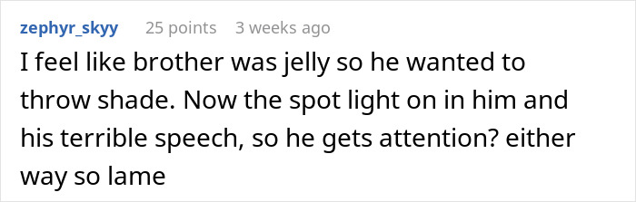 Comment about best man&rsquo;s speech comparing groom&rsquo;s bride choice to IKEA trip, with wedding guests reacting negatively.