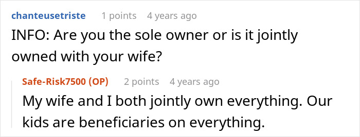 Screenshot of an online discussion about joint ownership and beneficiaries related to house ownership and rental situations.