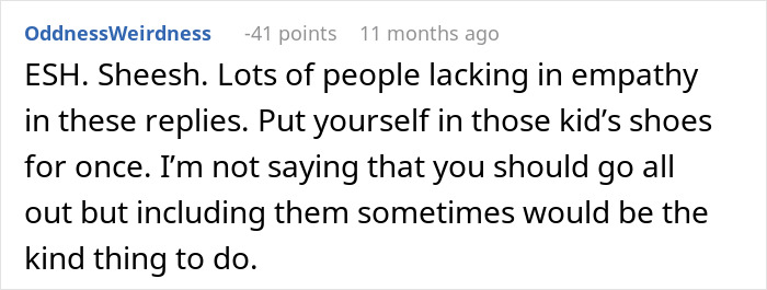 Comment discussing lack of empathy and the importance of including children in shared care situations.