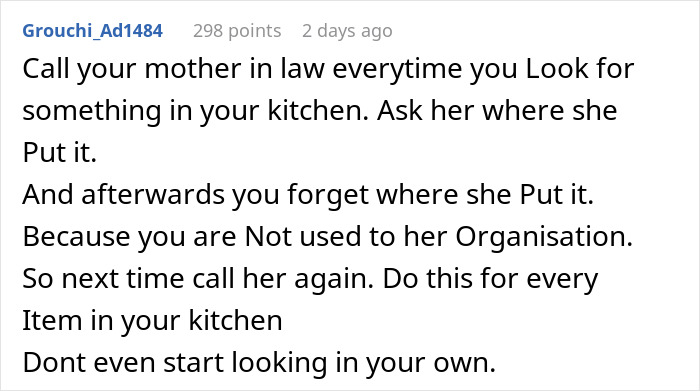 Text post showing a person frustrated after MIL lets herself in and reorganizes the house, seen as a favor by MIL.