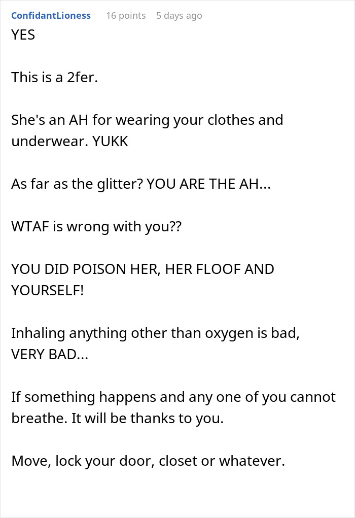 ALT text: Reddit comment discussing woman putting glitter in roommate&rsquo;s humidifier after clothes theft and warning about inhaling risks.