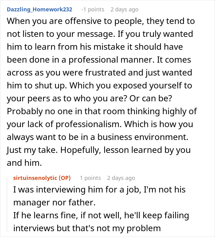 Screenshot of a conversation discussing a job interview where a candidate with a high chance of getting hired blows it quickly.