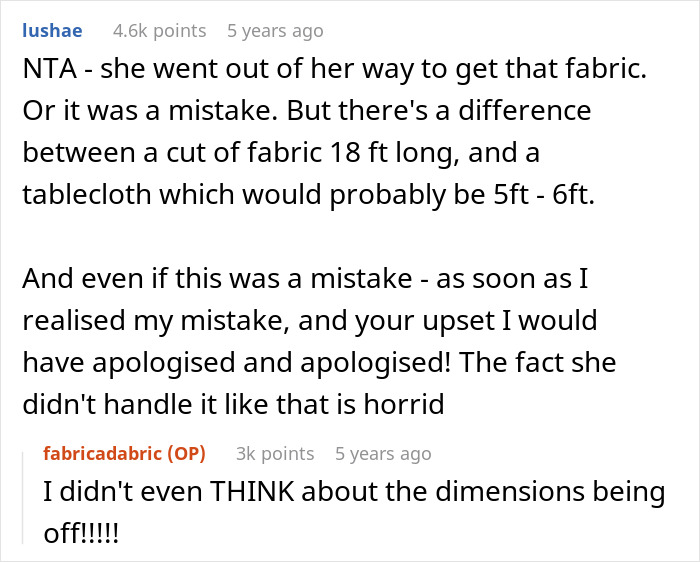 Screenshot of a Reddit conversation discussing a woman’s beloved $25/yard fabric ruined by guest’s kids and replacement issues. - 25