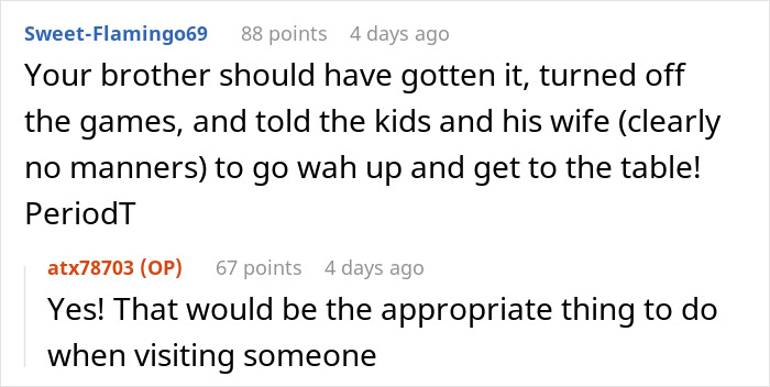 Reddit comments discussing family&rsquo;s entitled behavior and consequences of refusing to serve others during a visit.