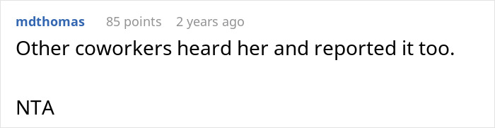 Screenshot of a comment saying other coworkers reported a woman&rsquo;s blatantly Islamophobic behavior after learning a colleague is Muslim.