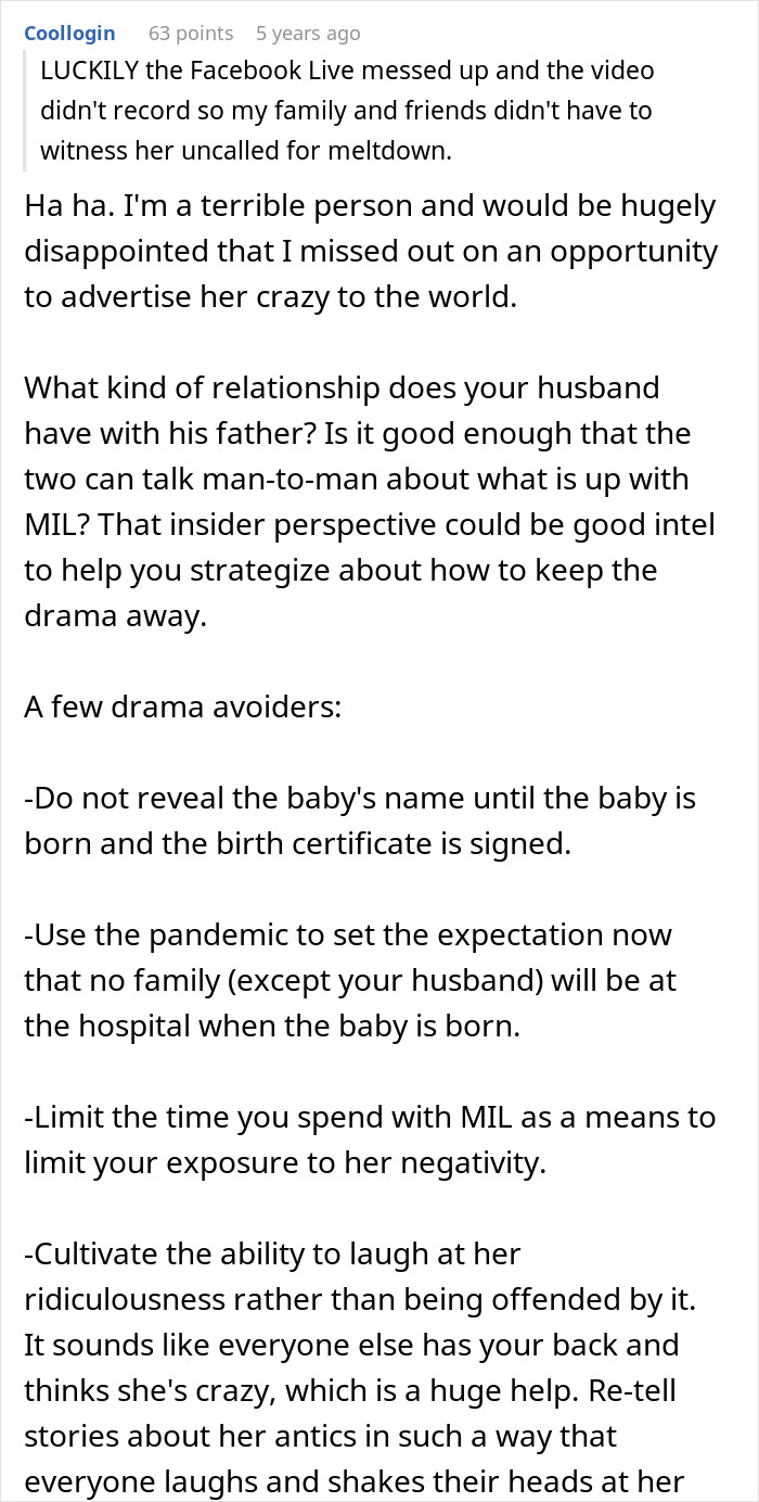 Screenshot of a comment discussing MIL drama and advice on managing tension during a gender reveal event.