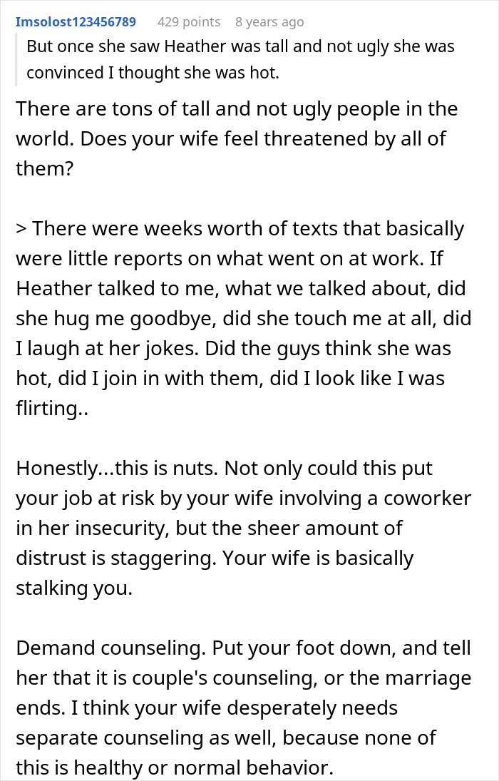 Alt text: Text conversation discussing a jealous wife spying on her husband at work with persistent insecurity and distrust.