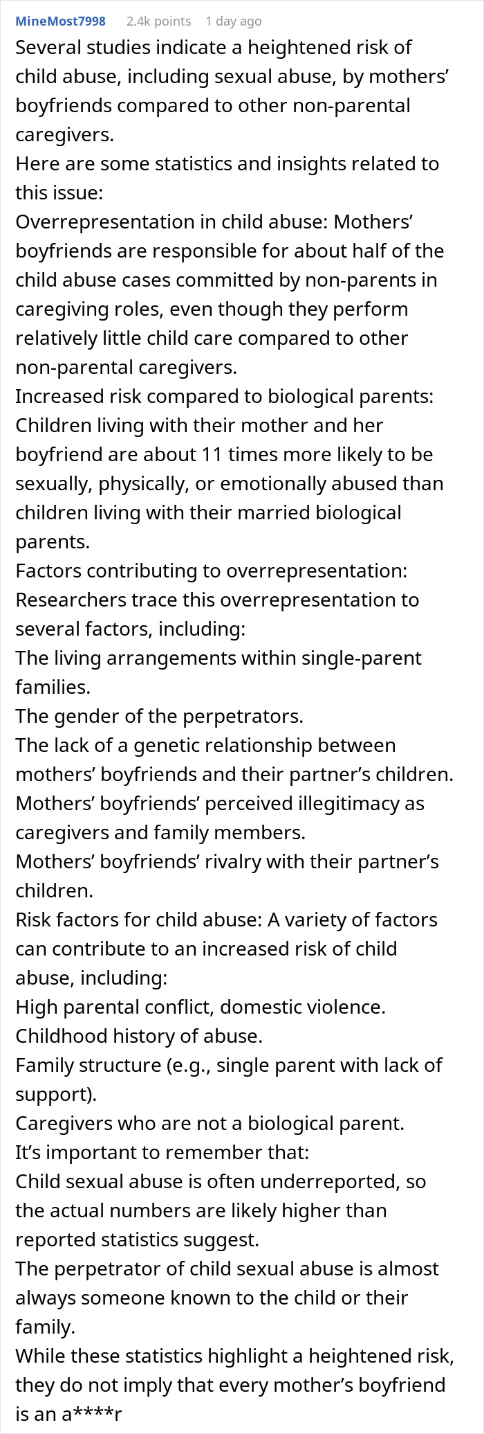 Text post discussing increased risk of child abuse by mothers' boyfriends compared to other caregivers.