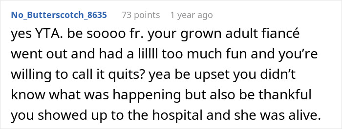 Screenshot of a forum comment discussing a man losing it after fiancée gets drunk and injured, planning breakup. - 25