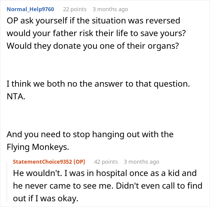Reddit comments discussing a man refusing to donate an organ to his father who made his childhood hell.