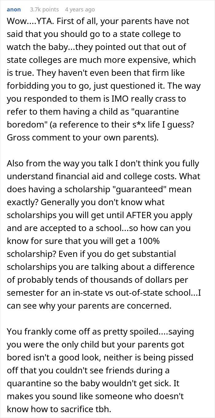 Screenshot of a detailed Reddit comment discussing a teen refusing to be a live-in babysitter for parents. - 23
