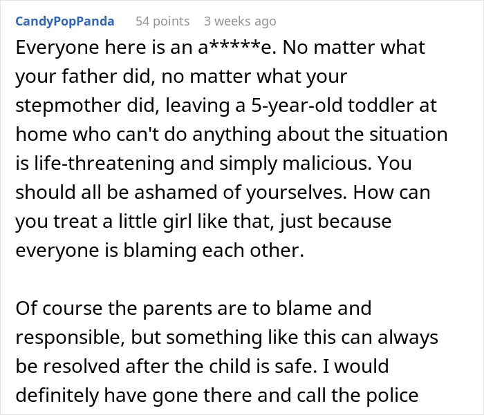 Comment criticizing those who left a 5-year-old alone, highlighting it as life-threatening and malicious babysitting neglect. - 32