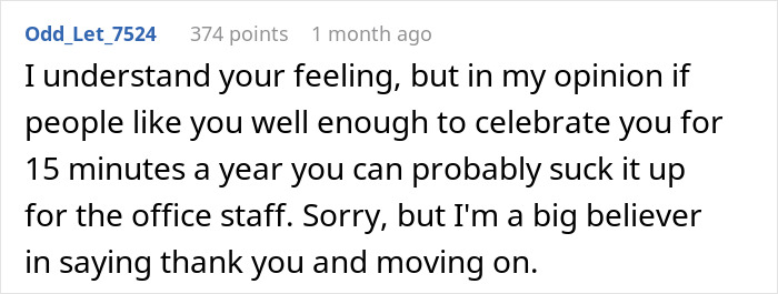 Annoyed worker sitting at desk with birthday cake, showing frustration amid office celebration. - 27