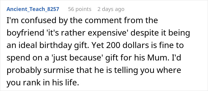 Comment highlighting a jerk boyfriend buying his girlfriend's dream gift for someone else to humble her. - 32