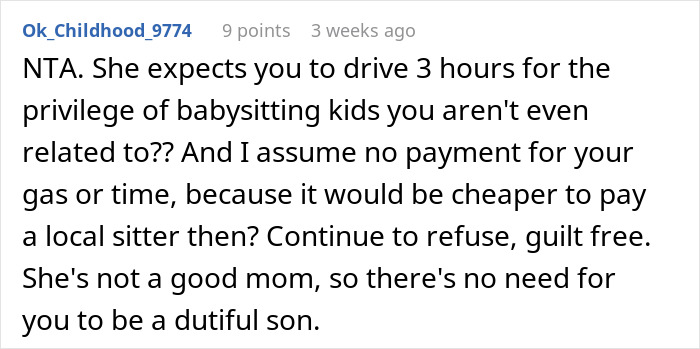 Text discussion about absentee mom expecting teen to pause life and babysit fianc&eacute;'s kids without payment or travel support.