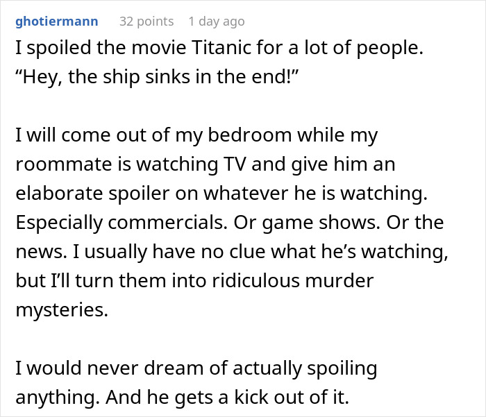 Text post describing someone who frequently spoils shows and turns them into murder mysteries, referencing Stargate spoilers.