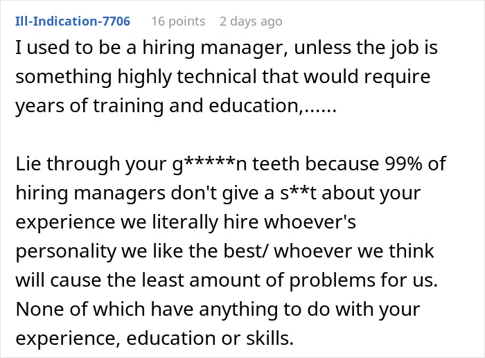 Comment discussing hiring managers' focus on personality over experience, related to person getting laid off and landing job. Comment discussing hiring managers' focus on personality over experience, related to person getting laid off and landing job.