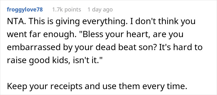Reddit comment screenshot where a mom claps back at ex’s family with receipts after money accusations. - 25