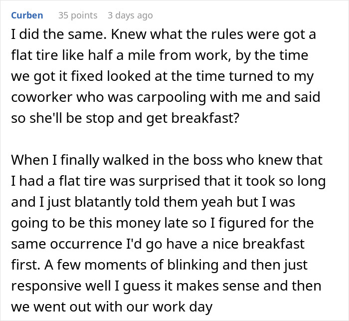 Comment about same penalty for being 6 minutes late as for being 3 hours late in a workplace setting.