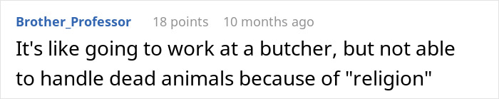 Screenshot of a comment discussing a boss confronting a custodian about emptying feminine hygiene waste bins due to religion.