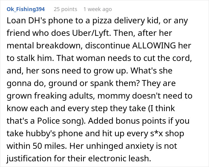 Comment discussing concerns about using mil-tracking-app-son for monitoring adult children and its impact on privacy.