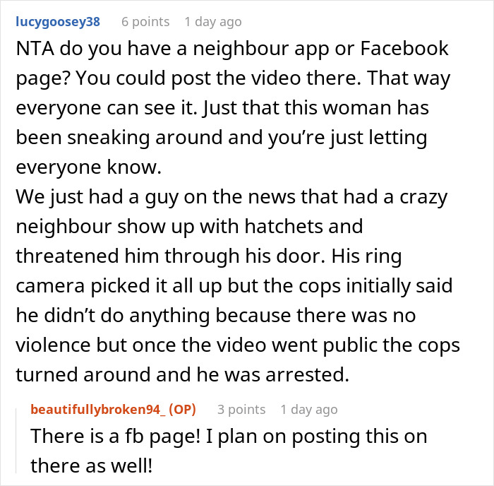 Comment discussing neighbor app and Facebook page ideas for sharing video of suspicious neighbor lurking around pregnant lady’s house. - 40