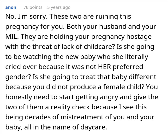 Screenshot of a comment criticizing a MIL for screaming at a gender reveal and making it about herself.