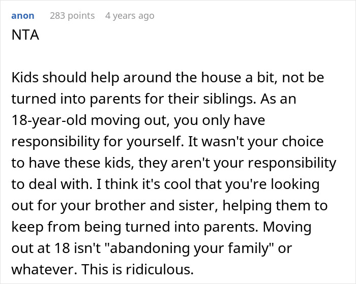 Text comment from user anon explaining that kids should not be forced into babysitting siblings and praises moving out to avoid parents' demands. - 23