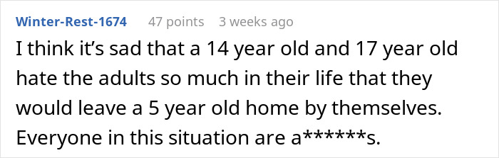 Screenshot of a forum comment discussing a teen refusing to babysit a 5-year-old alone during an emergency. - 33