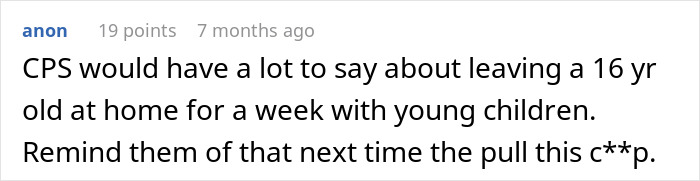 Screenshot of a social media comment discussing a teen refusing to babysit step-siblings and the parents&rsquo; meltdown.