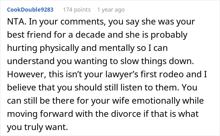 Reddit comment discussing emotional support and divorce delays after wife leaves for affair partner who dies in a crash. - 23