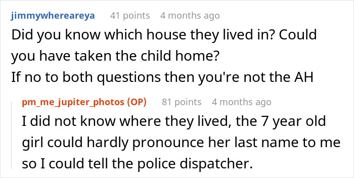 Reddit conversation discussing neighbor&rsquo;s meltdown after calling cops on 2YO wandering streets alone.