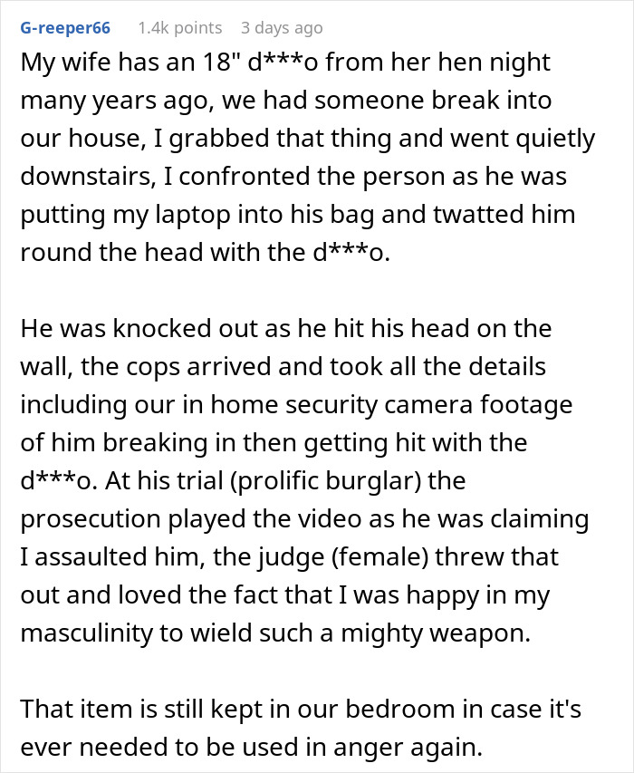 Screenshot of a Reddit post describing a home invasion where the homeowner used an unusual weapon to stop the thief. - 14