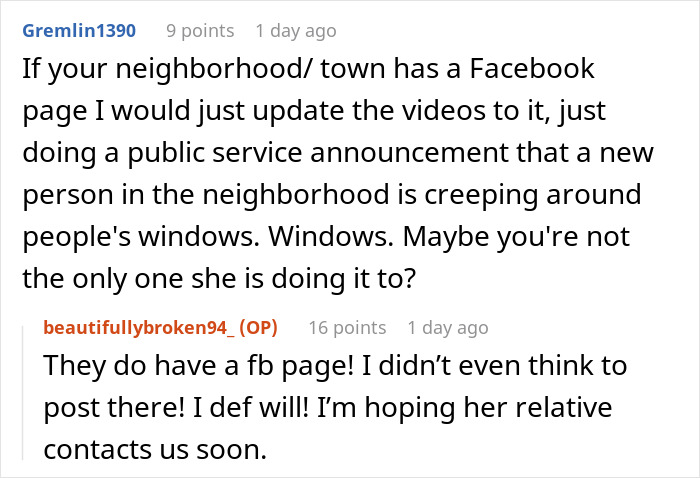 Alt text: Screenshot of a Reddit discussion about a pregnant lady catching a neighbor lurking and advice to post warnings on Facebook. - 35