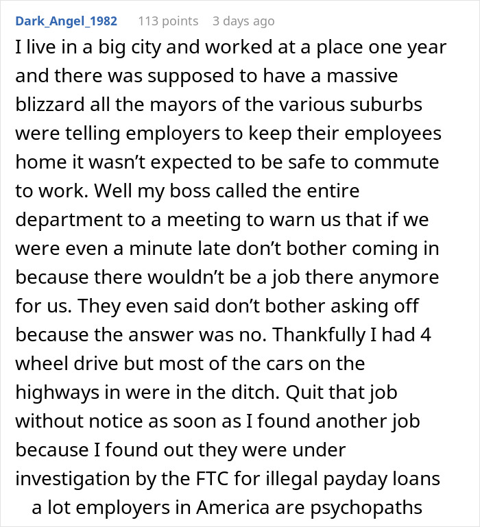 Workplace penalty rules for being minutes or hours late and strict boss policies during severe weather conditions.