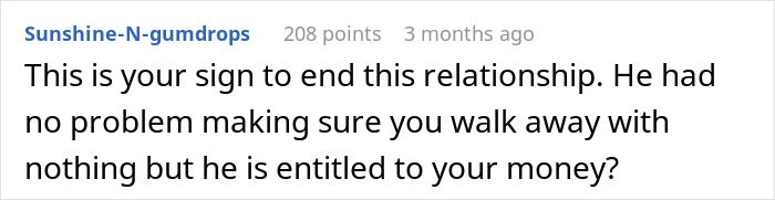 Comment text highlighting relationship advice after a man demands a prenup and changes his mind over a 7-figure insurance deal.