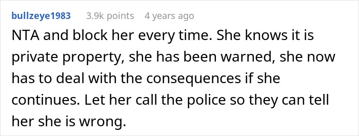 Comment discussing blocking a lady who keeps parking in a couple's private space and facing consequences. Comment discussing blocking a lady who keeps parking in a couple's private space and facing consequences.