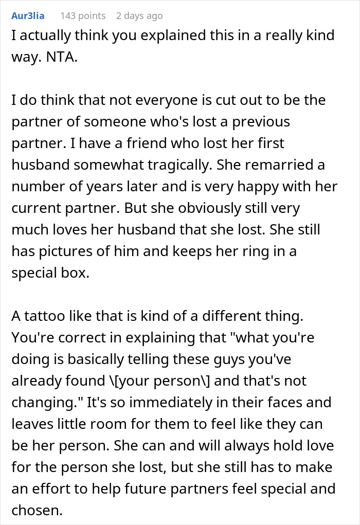 Screenshot of an online comment explaining why a friend's tattoo is ruining her love life using Titanic as an example.