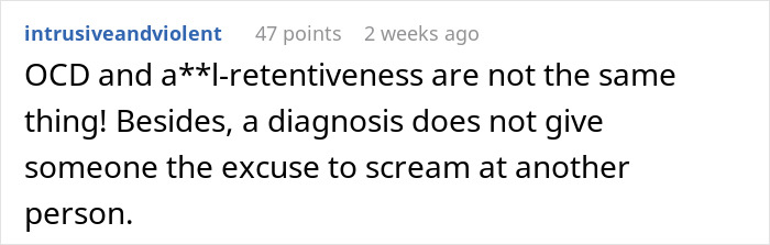 User comment about differences between OCD and perfectionism, addressing a roommate's reaction to Jewish traditions triggering OCD.