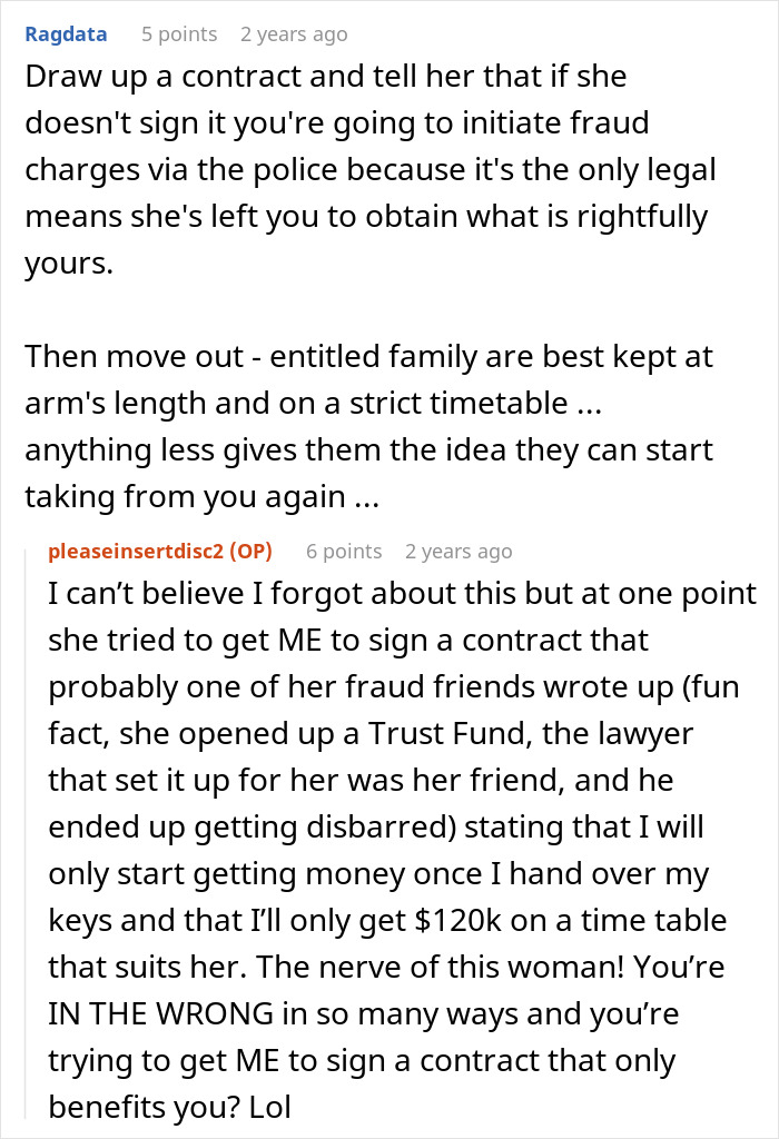 Comment thread discussing embezzlement and gaslighting involving a mother and daughter's inheritance dispute.